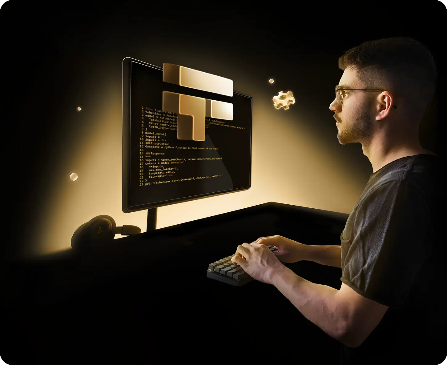 Artificial intelligence engineer working at a computer, typing code on a monitor with TechForce branding, representing AI recruitment and developer careers.